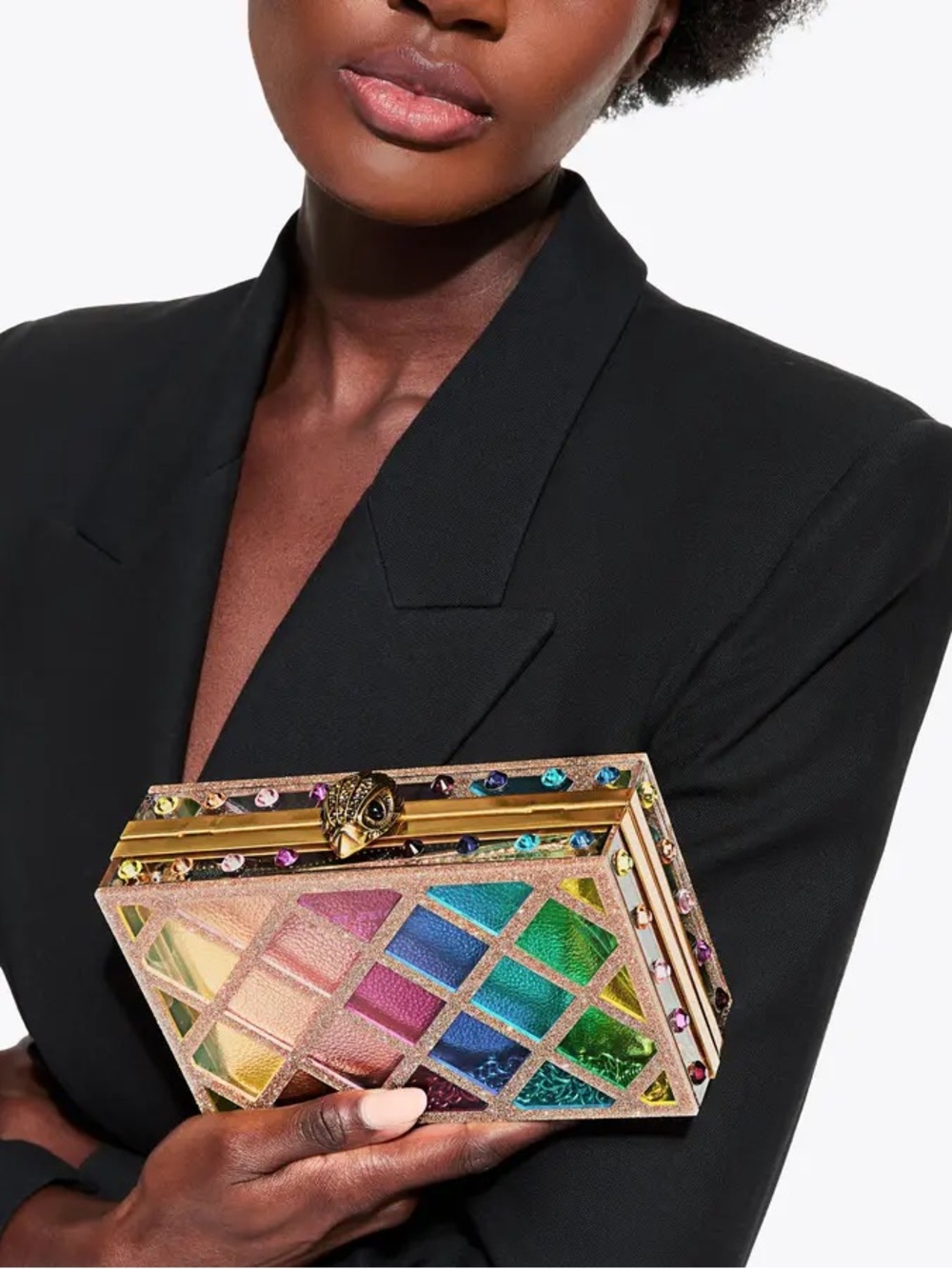 💎Authentic Kurt Geiger London CRYSTAL QUILT BOX CLUTCH Multicolor Gem-Embellis💎